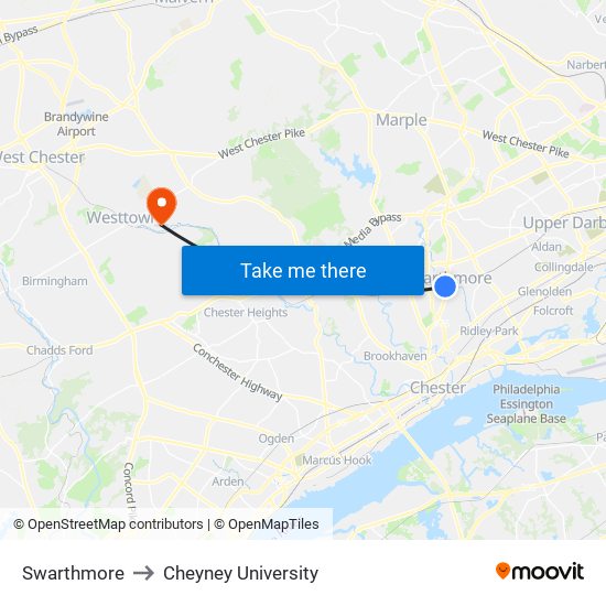 Swarthmore to Cheyney University map