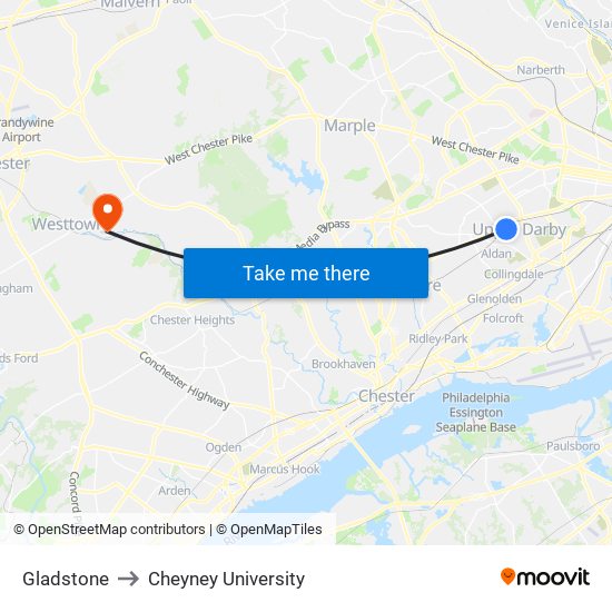 Gladstone to Cheyney University map