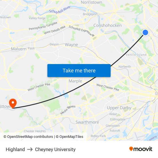 Highland to Cheyney University map