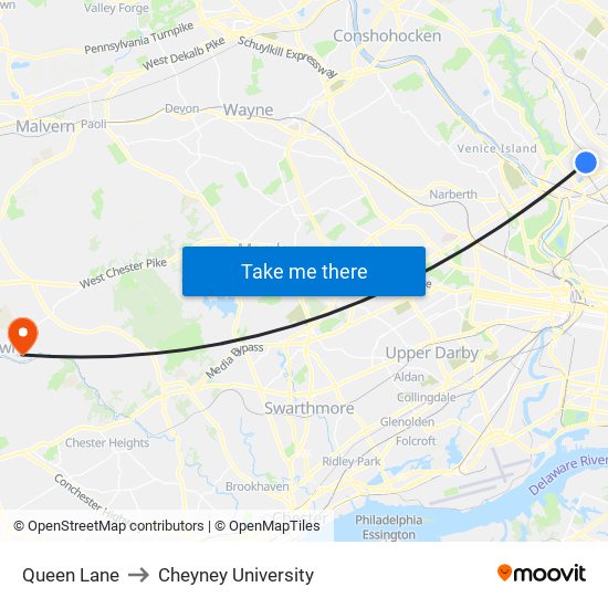 Queen Lane to Cheyney University map