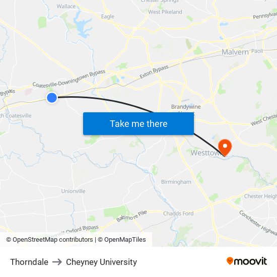 Thorndale to Cheyney University map