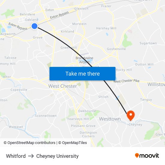 Whitford to Cheyney University map