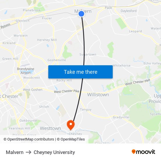 Malvern to Cheyney University map