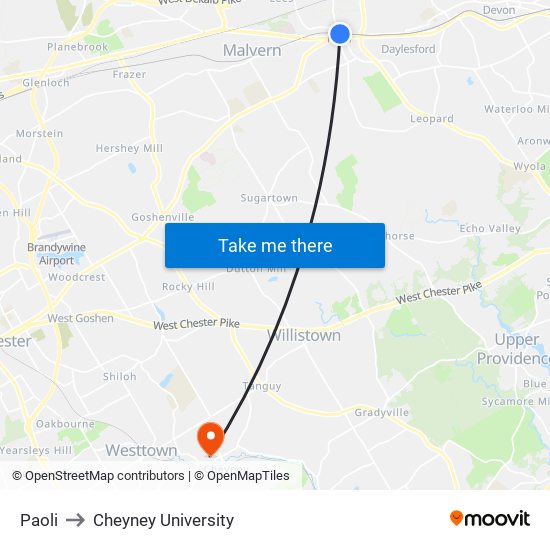 Paoli to Cheyney University map