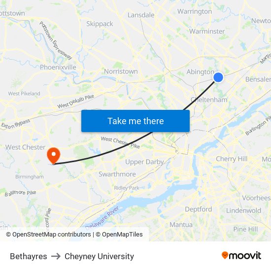 Bethayres to Cheyney University map