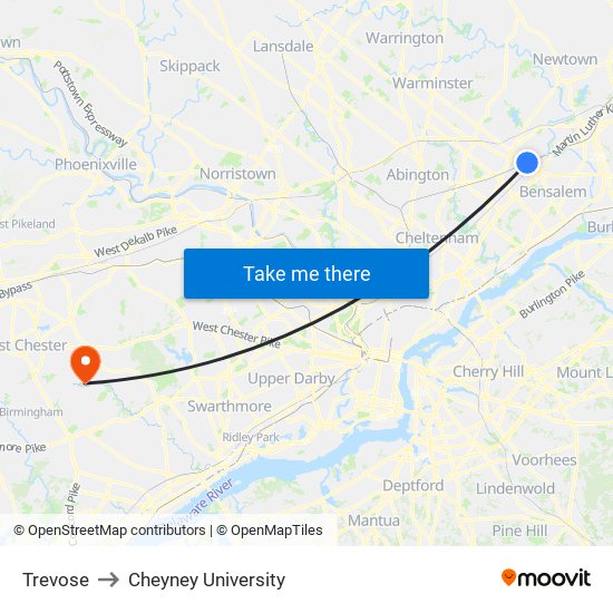 Trevose to Cheyney University map