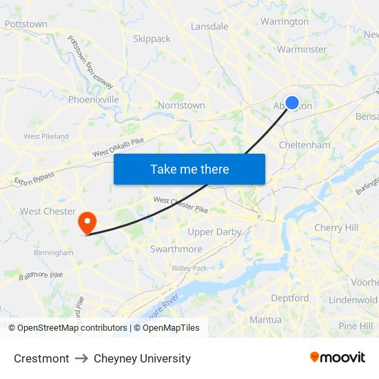 Crestmont to Cheyney University map