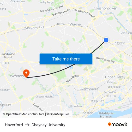 Haverford to Cheyney University map