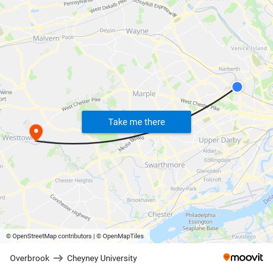 Overbrook to Cheyney University map