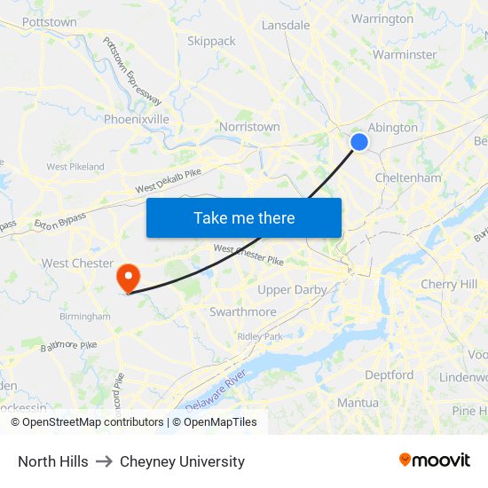 North Hills to Cheyney University map