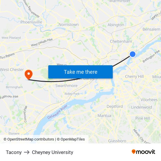 Tacony to Cheyney University map