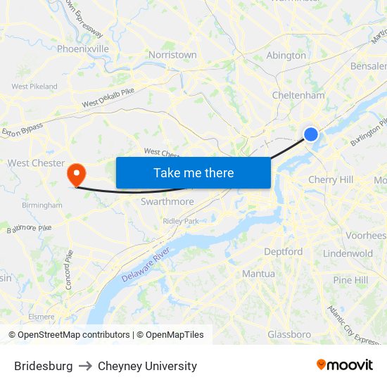 Bridesburg to Cheyney University map