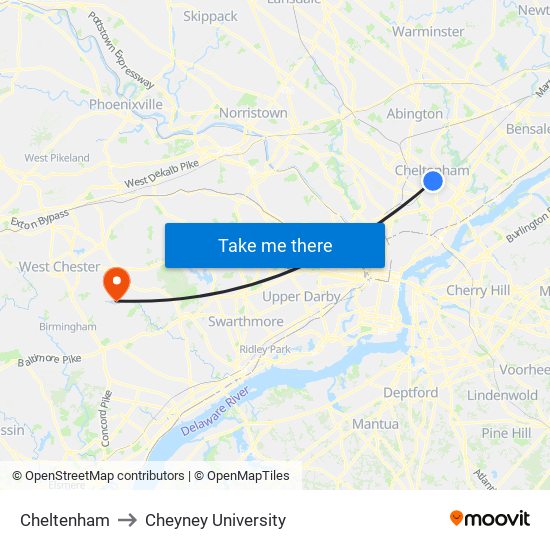 Cheltenham to Cheyney University map