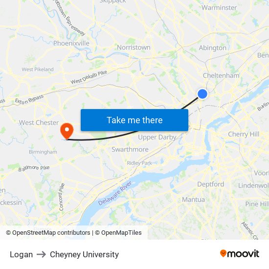 Logan to Cheyney University map