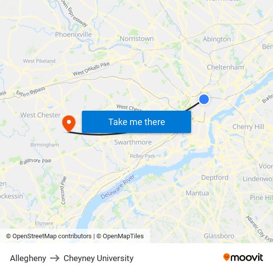 Allegheny to Cheyney University map