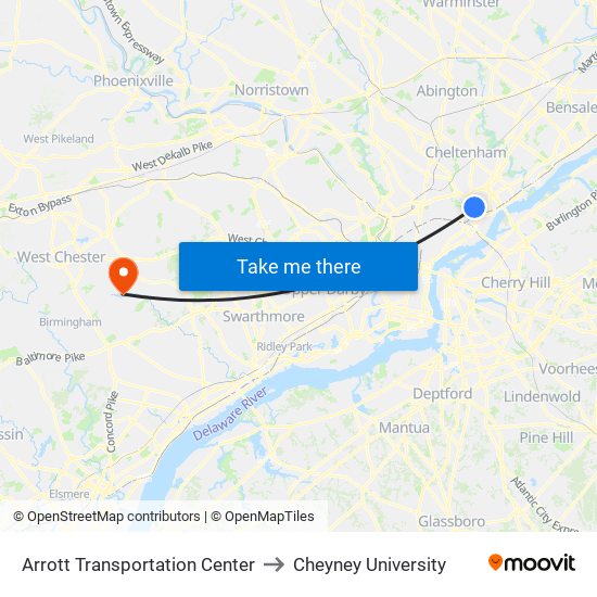 Arrott Transportation Center to Cheyney University map