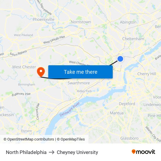 North Philadelphia to Cheyney University map