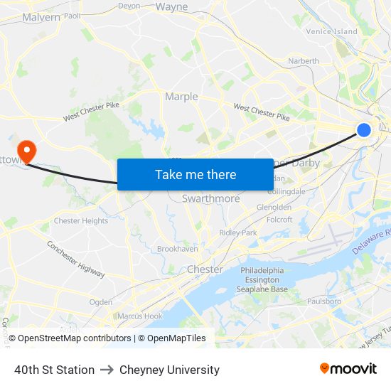 40th St Station to Cheyney University map
