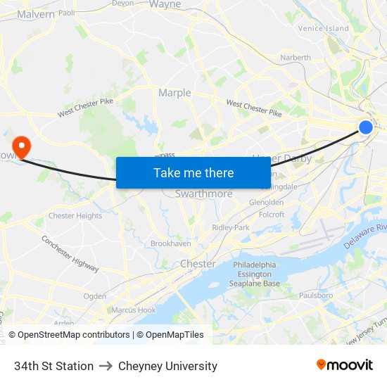 34th St Station to Cheyney University map