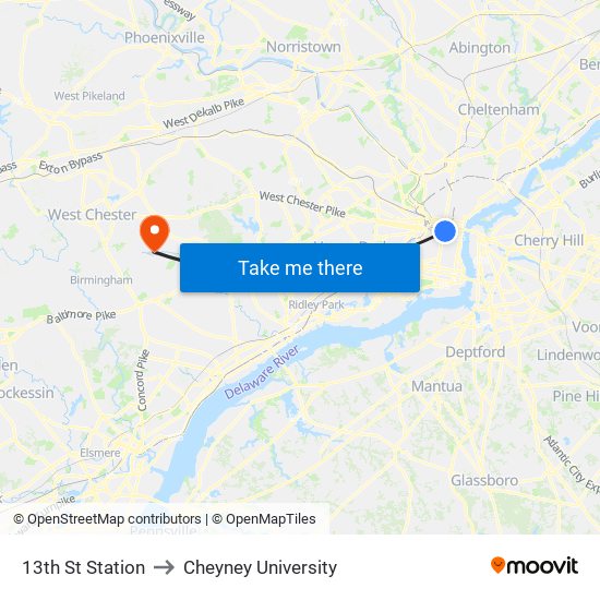 13th St Station to Cheyney University map