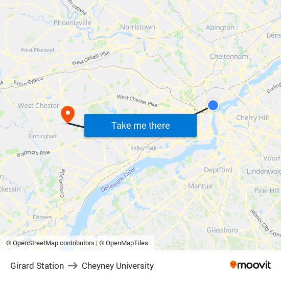 Girard Station to Cheyney University map