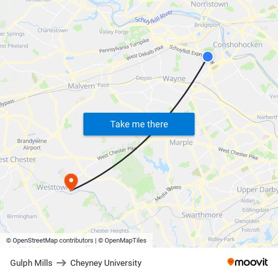 Gulph Mills to Cheyney University map