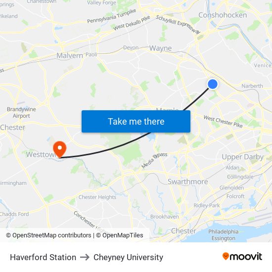 Haverford Station to Cheyney University map