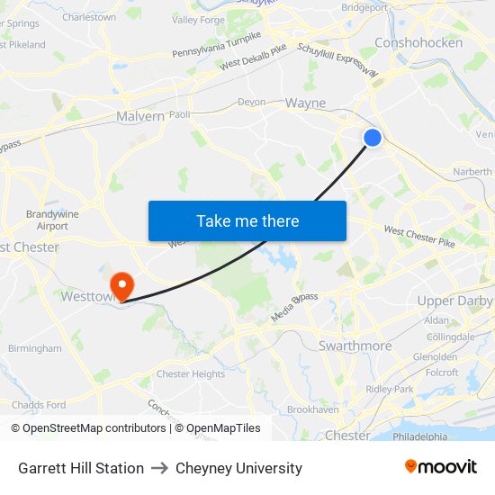 Garrett Hill Station to Cheyney University map