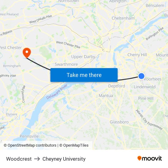 Woodcrest to Cheyney University map