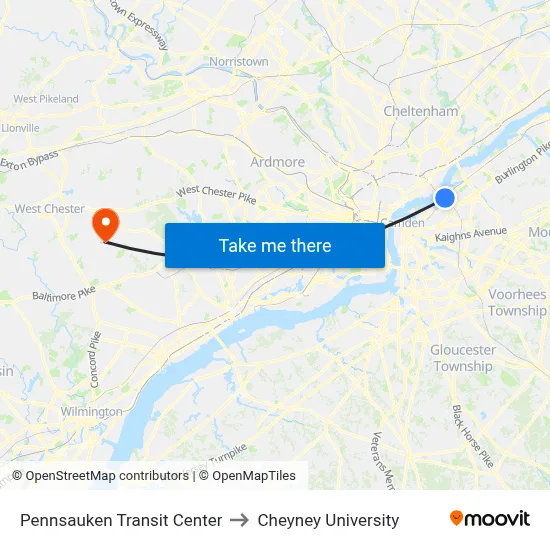 Pennsauken Transit Center to Cheyney University map