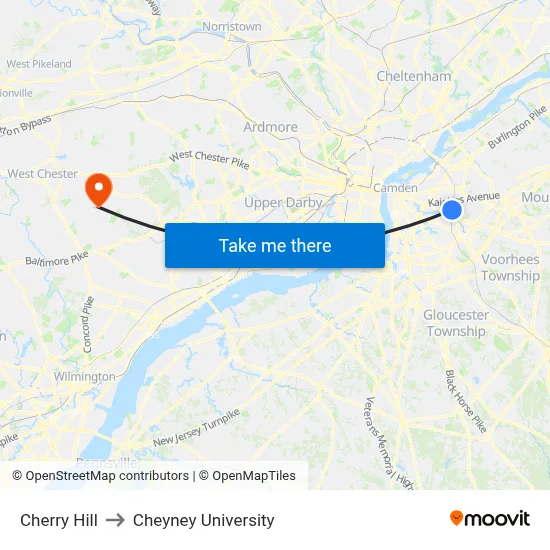 Cherry Hill to Cheyney University map