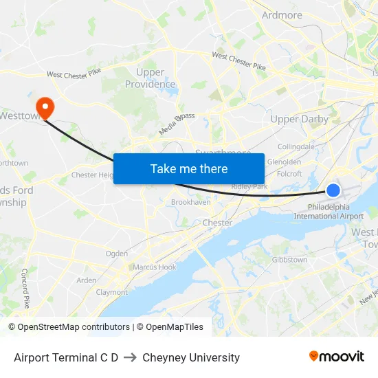 Airport Terminal C D to Cheyney University map
