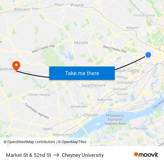 Market St & 52nd St to Cheyney University map