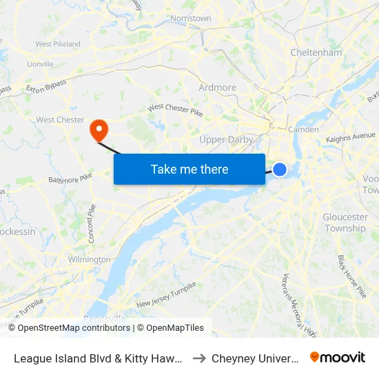 League Island Blvd & Kitty Hawk Av to Cheyney University map