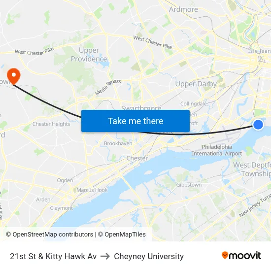 21st St & Kitty Hawk Av to Cheyney University map