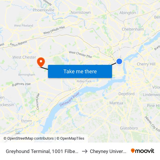 Greyhound Terminal, 1001 Filbert St to Cheyney University map