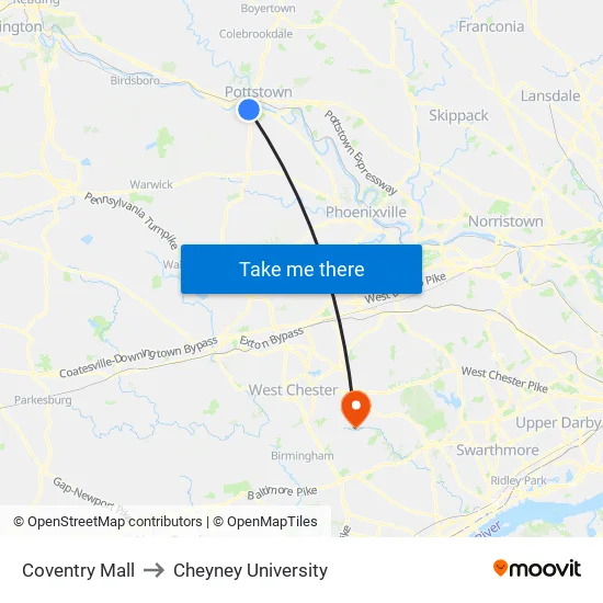 Coventry Mall to Cheyney University map