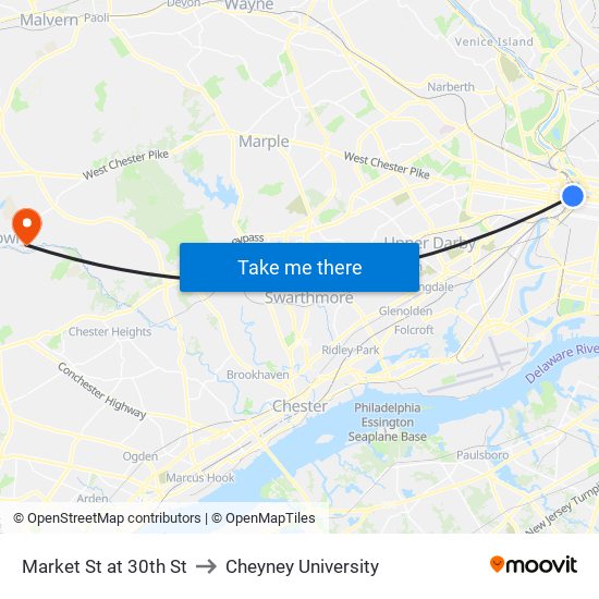 Market St at 30th St to Cheyney University map