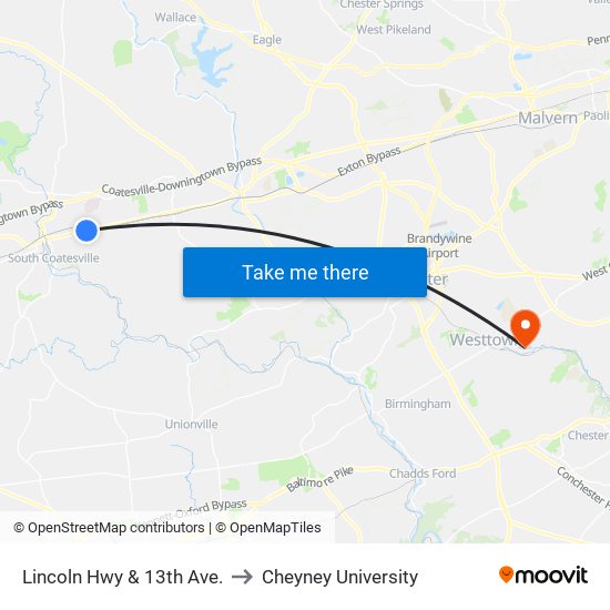 Lincoln Hwy & 13th Ave. to Cheyney University map