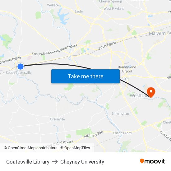 Coatesville Library to Cheyney University map