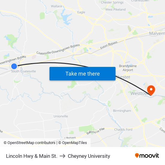 Lincoln Hwy & Main St. to Cheyney University map