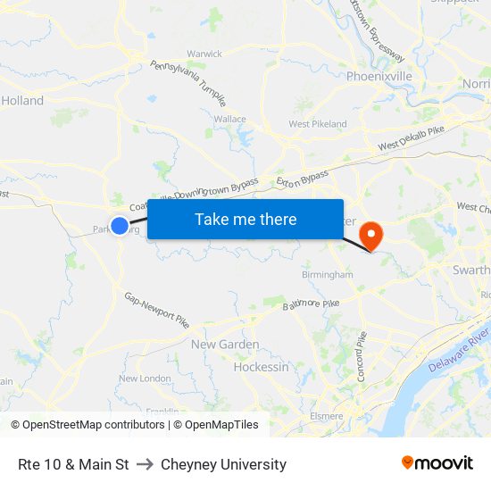Rte 10 & Main St to Cheyney University map