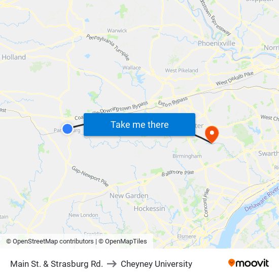 Main St. & Strasburg Rd. to Cheyney University map