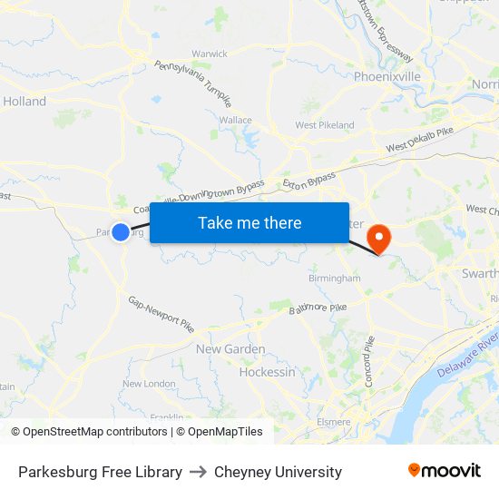 Parkesburg Free Library to Cheyney University map