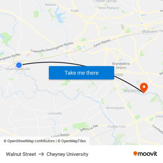 Walnut Street to Cheyney University map