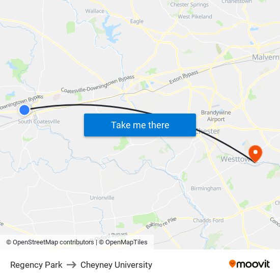 Regency Park to Cheyney University map