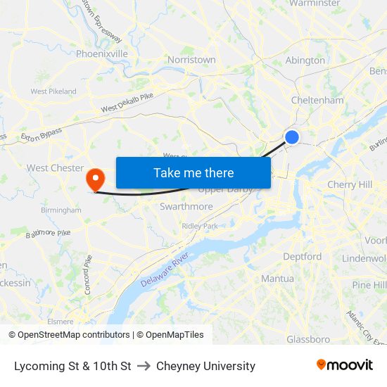 Lycoming St & 10th St to Cheyney University map
