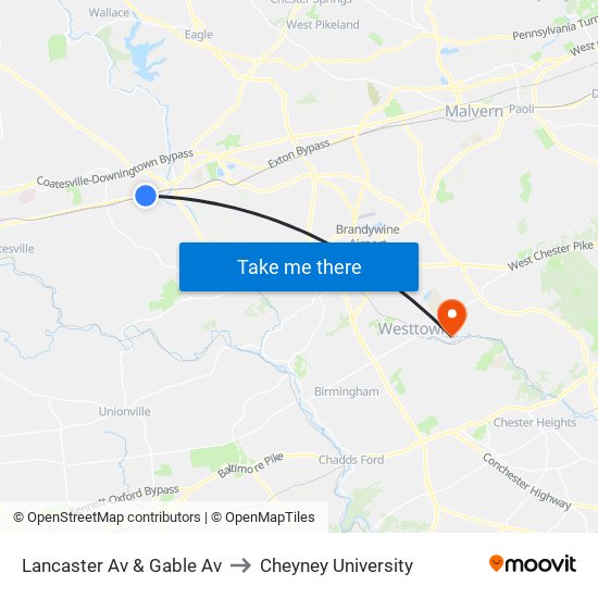 Lancaster Av & Gable Av to Cheyney University map