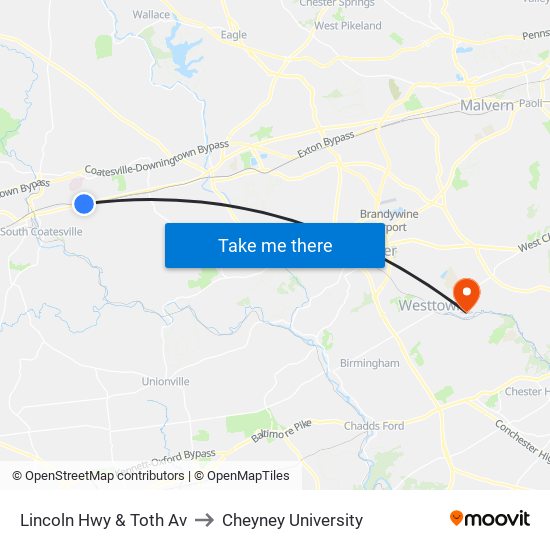 Lincoln Hwy & Toth Av to Cheyney University map