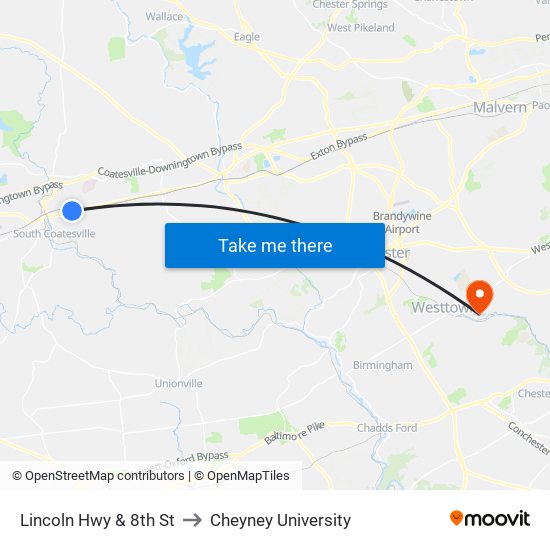 Lincoln Hwy & 8th St to Cheyney University map